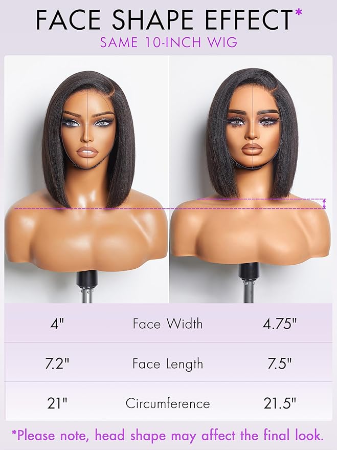 LUVME HAIR 10 Inch Light Yaki Straight Bob Wig Human Hair, Undetectable HD Lace Glueless Bob Wigs Human Hair Pre Plucked, Pre Cut Lace Wig Short Black Blunt Cut Bob Wigs