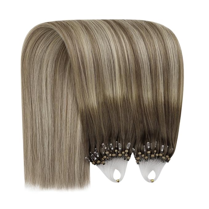 YoungSee Micro Bead Hair Extensions Real Human Hair Balayage Microlink Hair Extensions Dark Brown Ombre Blonde with Brown Bead Hair Extension Human Hair Silky Straight for School 18 Inch 1g/s 50g