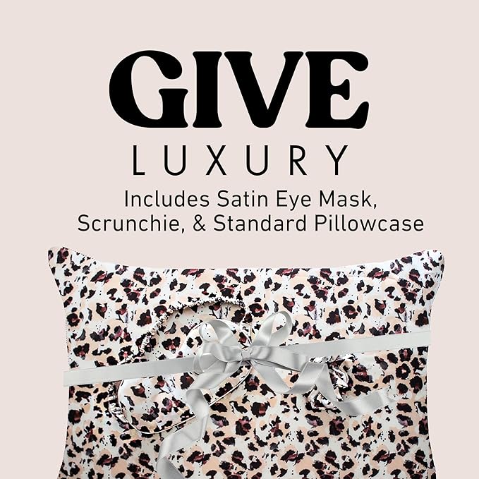 Satin Pillowcase Gift Set for Women – Brown Leopard, Silky Soft, Reduces Frizz | Includes Satin Eye Mask & Scrunchie | for Curly Hair, Sensitive Skin | Perfect