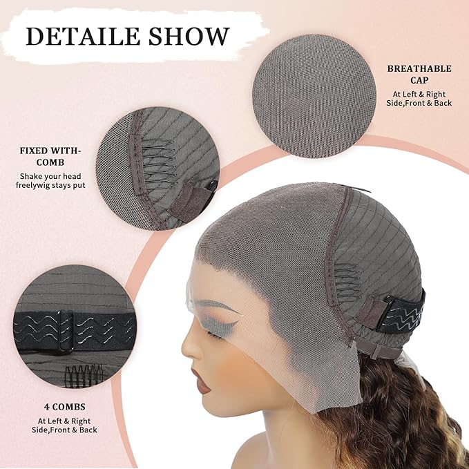 38Inch Highlight Ombre Human Hair Wigs 13x6 HD Honey Blonde Deep Wave Lace Front Wigs Human Hair 180 Density Glueless Deep Wave 4/27 Colored Wet and Wavy Curly Wig Pre Plucked for Women