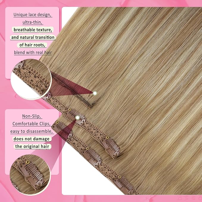 YoungSee Clip in Human Hair Extensions Blonde Balayage Human Hair Clip in Extensions Golden Brown Mix Platinum Blonde Clips in Hair Extensions Real Human Hair for Woman 18inch 120g