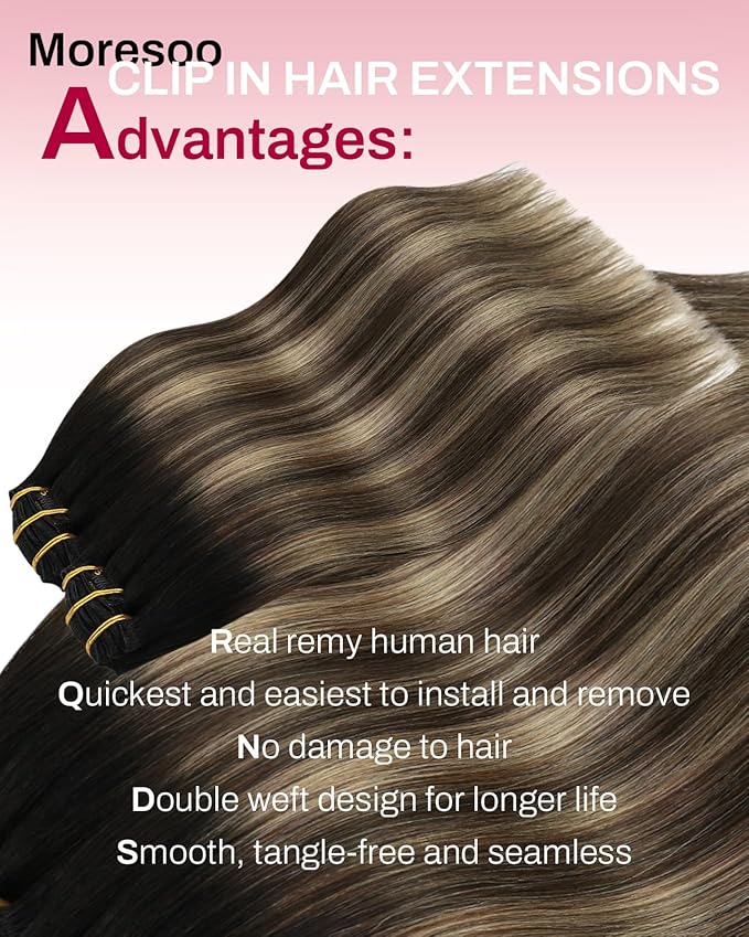 Moresoo Clip in Hair Extensions Real Human Hair Double Weft Human Hair Clip in Extensions Straight Balayage Ombre Black to Brown with Dark Blonde 5pcs 80g 20inch