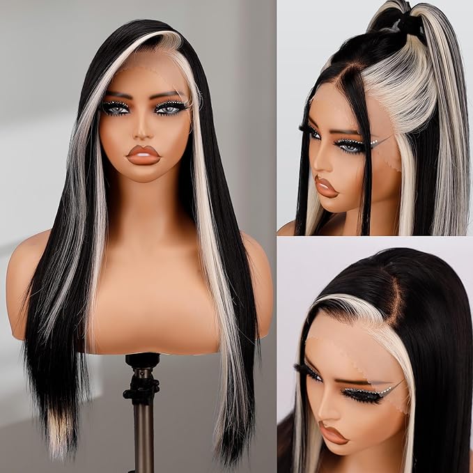 BLL Lace Front Wig, Skunk Stripe 13X4 Lace Wig Pre Plucked Glueless Synthetic Heat Resistant Long Straight Black and Blonde Wigs 26inch Suitable For Everyday Wear