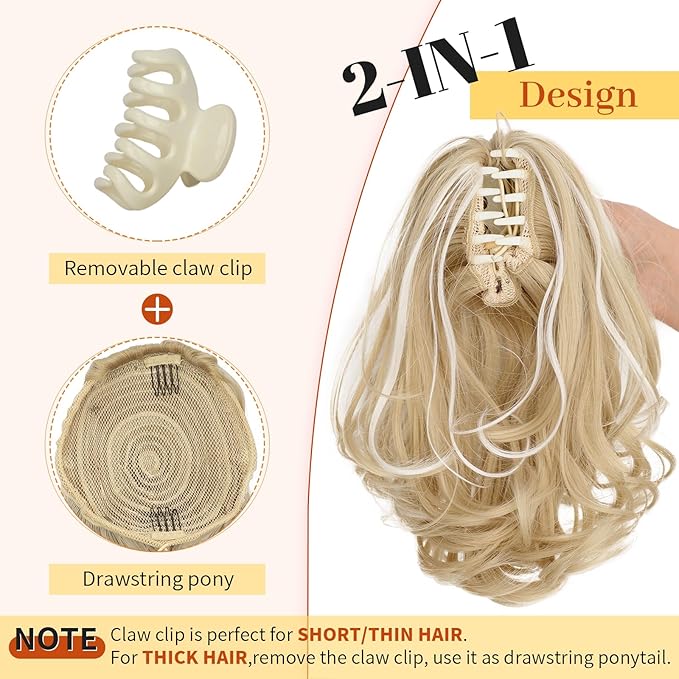 KooKaStyle Ponytail Extension, 10" Short Claw Clip in Pony Tails Hair Extensions Curly Wavy Synthetic Drawstring Hairpieces for Women(Blonde with White Highlights)