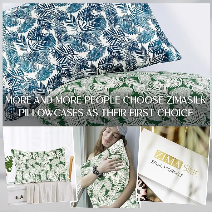 ZIMASILK 100% Pure Mulberry Silk Pillowcase for Hair and Skin Health,Both Sides 19 Momme Silk Floral Print,1pc (Standard 20''x26'',White Leaves)