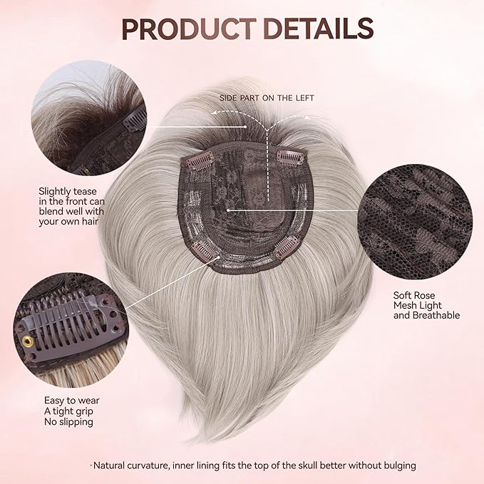 LEEONS Hair Toppers for Women with Bangs Short Bob Synthetic Hair Pieces for Thinning Hair Side Part (Mixed Ivory Blonde with Dark Root)