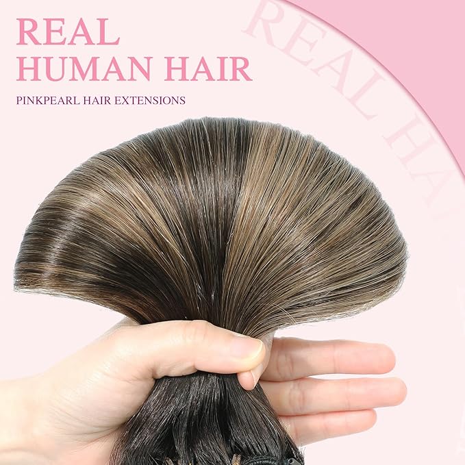 PINKPEARL Clip in Hair Extensions Real Human Hair #2/6/18 Balayage Dark Brown to Chestnut Brown and Ash Blonde 7pcs 120g 20inch Ombre Remy Human Hair Extensios Clip ins(#2/6/18-20)