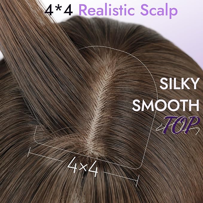 Wig with Bangs for Women Brown Straight Face-Framing Layers Hairstyle 4x4 Realistic Scalp Glueless Synthetic Wigs Medium Length for Everyday Use