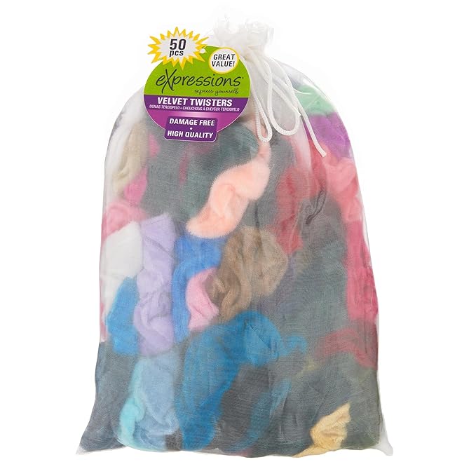 Expressions Scrunchie Set of 50 Comfy, Colorful Scrunchies in a Convenient Drawstring Storage Bag, Accessories for Women and Girls , Great Value, Damage Free,