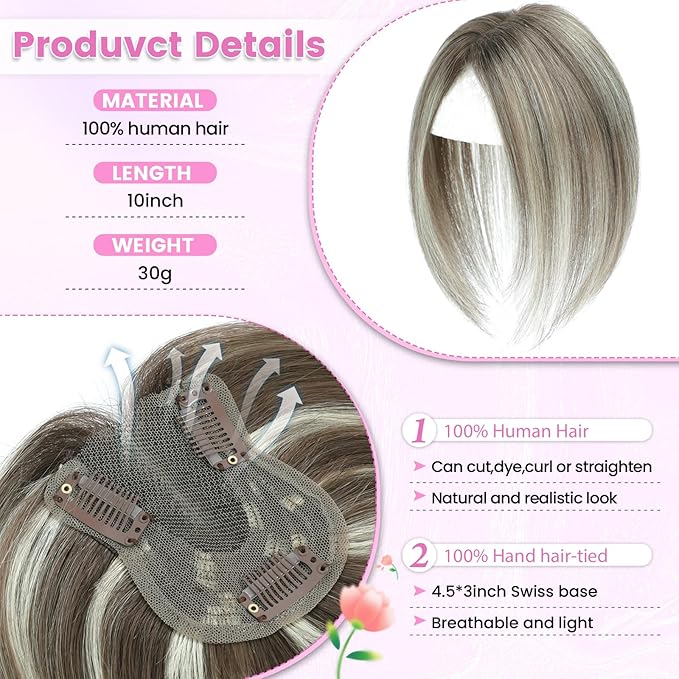 YAMI Hair Toppers for Women Fluffy Human Hair Topper 10inch Handmade Swiss Base Hairpieces 360° Cover Hairloss (Ombre Brown with Blonde Highlight)