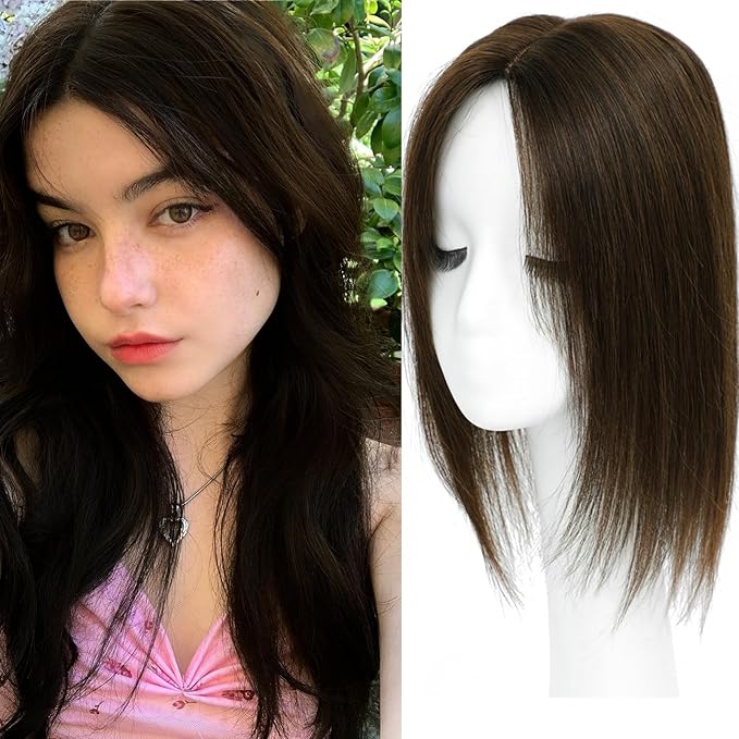 Hair Toppers for Women Real Human Hair, 360° 3D Human Hair Toppers for Women with Thinning Hair Upgrade Middle Part Clip in Bangs (Mocha Brown NEW, 14 Inch-3D-Side)