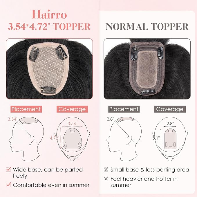 Hairro Human Hair Toppers with Wispy Bangs, 3.5x4.7" Hand-wovened Base for Women with Thinning Hair, Lightweight & Breathable Realistic Scalp, Clip-in Hairpieces for Easy Wear, 12 Inch Jet Black
