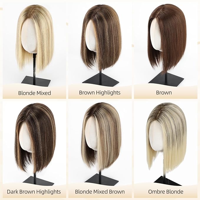 MONO TOP Hair Toppers for Women Human Hair 12 Inch 7"×8" Big Base Partial wig Cover Thinning Hair or Loss No Bangs Top Hair Pieces Natural Wiglets (Dark Brown Highlights)