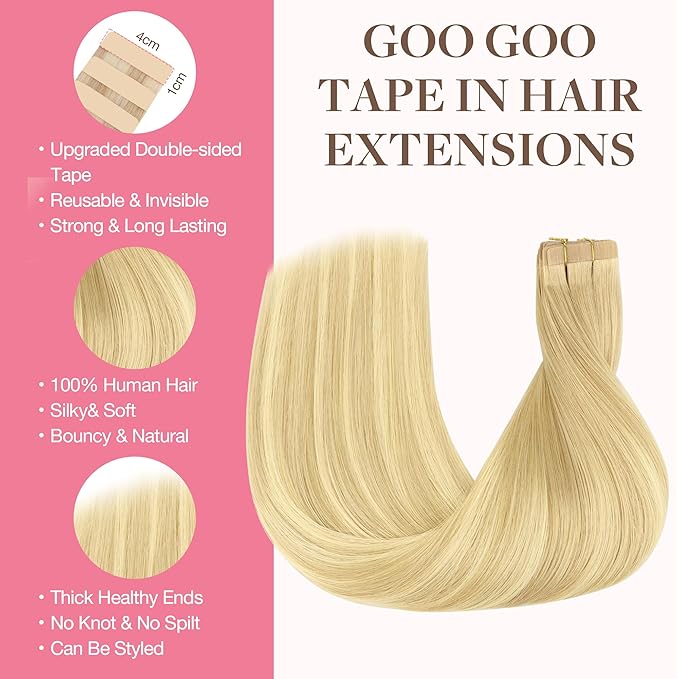 GOO GOO Tape in Hair Extensions Human Hair, 18AT60A Pearl Ash Blonde Highlights, 18inch 25g 10pcs, Skin Weft Seamless Invisible, Silky Straight with Thick Ends, Remy Human Hair