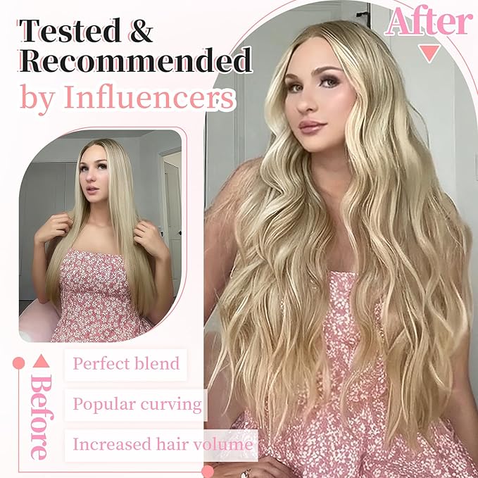 KooKaStyle Clip in Synthetic Highlight Hair Extensions Long Wavy 4PCS Thick Hairpieces Ashy Beige Blonde Balayage Fiber Double Weft Natural Hair Extensions 20 Inch for Women