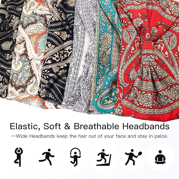 Yeshan Wide Headbands for Women Boho Knotted Head Wraps Turbans Non Slip Bandana Headbands Sport Yoga Workout Stretchy Hair bands,Pack of 6