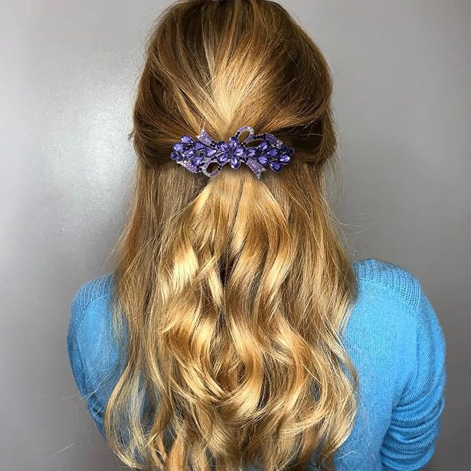 Joez Wonderful Rhinestone Hair Clip Sparkly Crystal Barrettes French Wedding Prom Engagement Pageant First Communion Hair Decorative Accessories for Women Long Hair (Bow Purple, 1 Pcs)