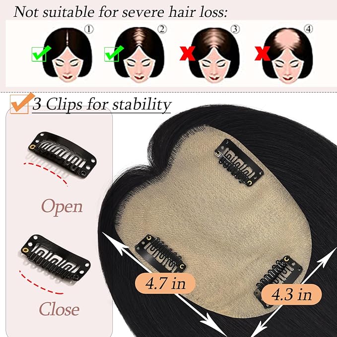 Human Hair Toppers for Women with Thinning Hair Real Human Topper Crown No Bangs 10 Inch #1 Black