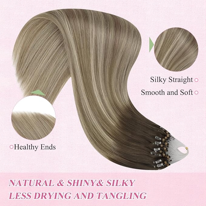 YoungSee Micro Bead Hair Extensions Real Human Hair Balayage Microlink Hair Extensions Dark Brown Ombre Blonde with Brown Bead Hair Extension Human Hair Silky Straight for School 18 Inch 1g/s 50g