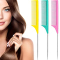 Leinuosen 3 Packs Rat Tail Comb Steel Pin Rat Tail Carbon Fiber Heat Resistant Teasing Combs with Stainless Steel Pintail (Yellow, Pink, Green)