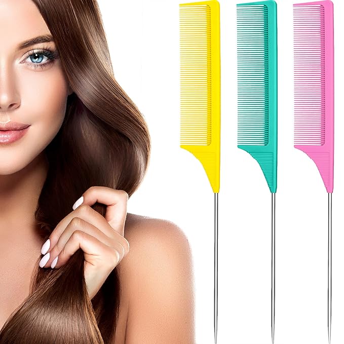 Leinuosen 3 Packs Rat Tail Comb Steel Pin Rat Tail Carbon Fiber Heat Resistant Teasing Combs with Stainless Steel Pintail (Yellow, Pink, Green)