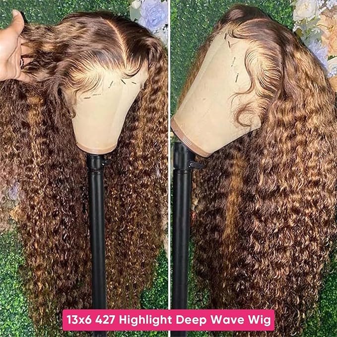 30 Inch Highlight Ombre Deep Wave Lace Front Wig Human Hair Honey Blonde 13x6 HD Lace Frontal Wigs 200 Density 4/27 Curly Wigs Human Hair for Women