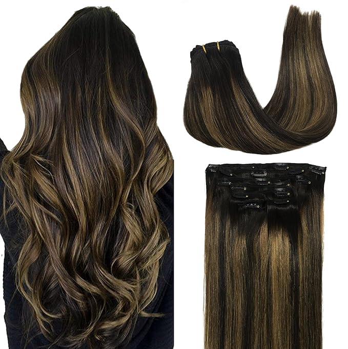 GOO GOO Clip in Hair Extensions Real Human Hair, Remy Human Hair Extensions Clip ins for Women, Natural Human Hair, 24inch 120g 7Pcs, 1B/6/1B Balayage Natural Black to Chestnut Brown