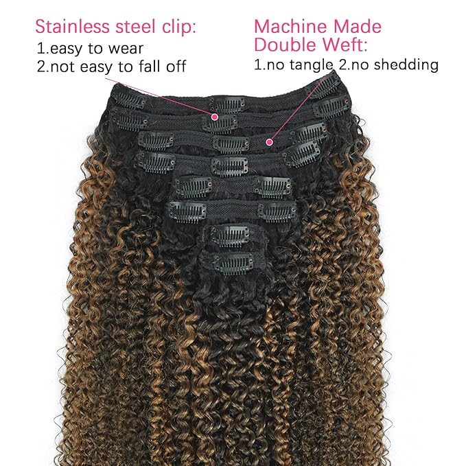 3c 4a Curly Clip in Hair Extensions T1BP1B/30 Omber Kinky Curly Clip ins For Women Brazilian Virgin Clip on Hair (22inch,T1BP1B/30)