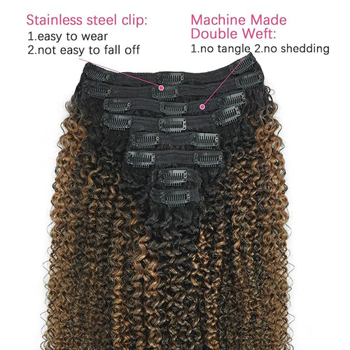18 Inch Kinky Curly Clip in Hair Extensions Omber T1BP1B/30 Color 3c 4a Kinky Curly Clip ins For Women Brazilian Virgin Hair Clip on Hair Extensions(18inch,T1BP1B/30)