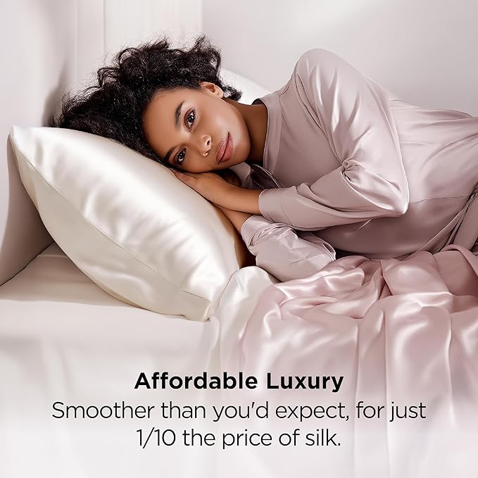 Bedsure Satin Pillowcase 2 Pack Similar to Silk Pillow Cases Standard Size, Pillow Case for Sleeping Women with Envelope Closure, Gifts for Women Men, Ivory, 20x26 Inches, 2pcs