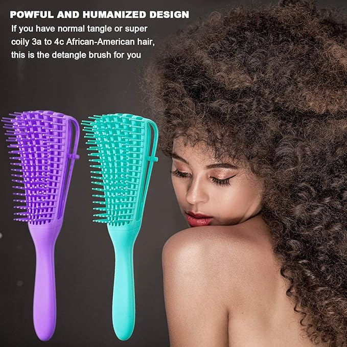 2 Pieces Detangling Brush for Afro America/African Hair Textured 3a to 4c Kinky Wavy/Curly/Coily/Wet/Dry/Oil/Thick/Long Hair, Knots Detangler Easy to Clean (Green, Purple)