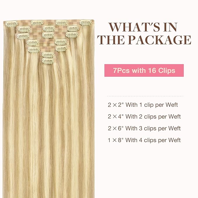GOO GOO Clip in Hair Extensions Real Human Hair, Remy Human Hair Extensions Clip ins for Women, Natural Human Hair, 22inch 160g 7Pcs, #18D/22F Dirty Blonde Highlights