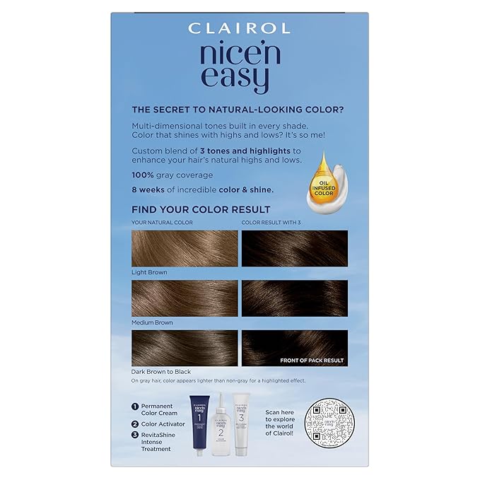Clairol Nice'n Easy Permanent Hair Dye, 3 Brown Black Hair Color, Pack of 1