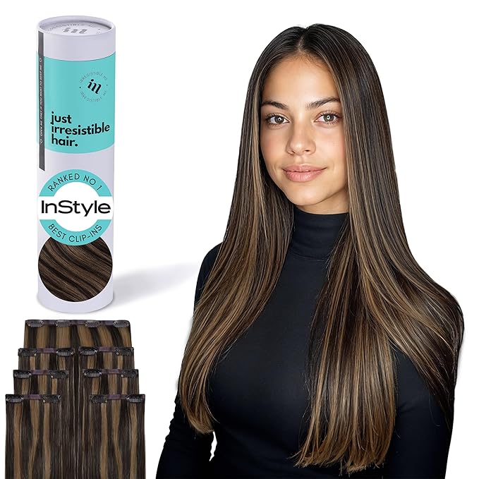 Irresistible Me Real Human Hair Extensions Clip Ins – 100% Human Hair Clip In Extensions for Length & Volume – Invisible Extension – Heat Resistant & Dyeable – Dark Highlights, 20 Inches