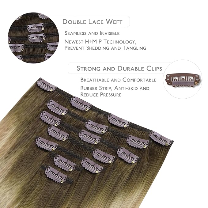WENNALIFE Clip in Hair Extensions Real Human Hair, 20 Inch 120g 7pcs Remy Hair, Balayage Light Ash Brown to Light White Blonde Hair Extensions Clip In Real Hair Coloured