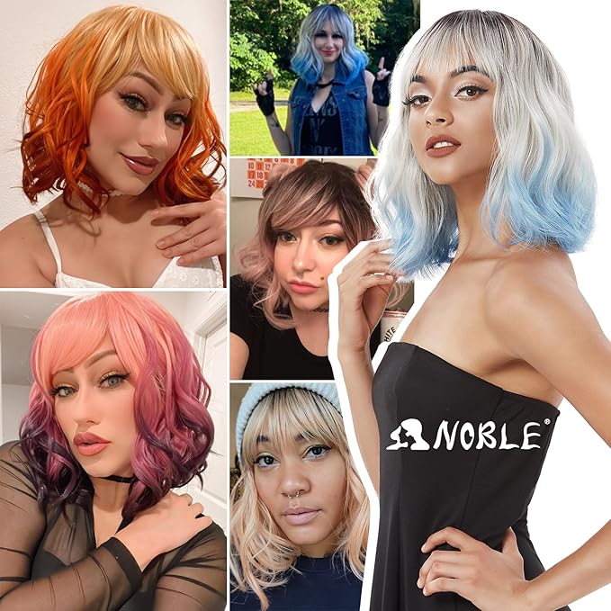 NOBLE Pink Wig with Bangs Short Ombre Pink Bob Wigs for Women Colorful Short Wavy Wigs Heat Resistant Synthetic Bob Wigs with Dark Roots for Daily Party Use
