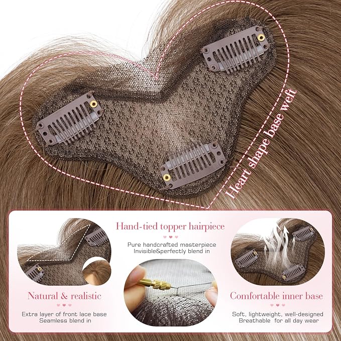Hairro Human Hair Toppers For Women Wispy Thin Short Wiglet Hairpieces Natural No Bang Middle Part Side Bangs Hair Clip 11 Inches 14.5g #04 Medium Brown