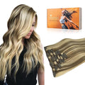 DOORES Clip in Human Hair Extensions - Ombre Medium Brown Highlighted Golden Blonde, 120g 7pcs 20 Inch Remy Straight Thick Natural Hair