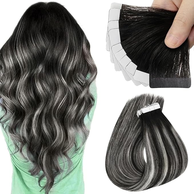 Sunny Hair Tape in Hair Extensions Real Human Hair Invisible Remy Hair Extensions Tape ins for Women Ombre Natural Black Root to Sliver Grey 24 inch 25G