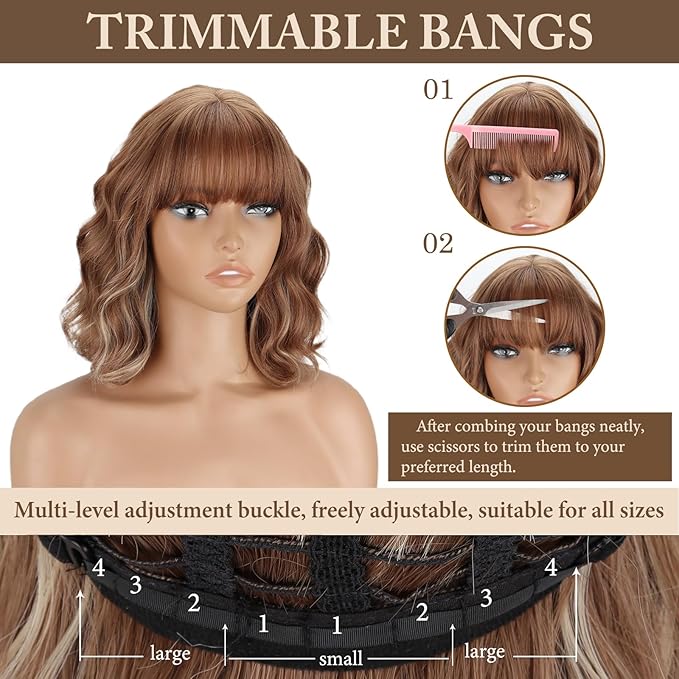 MISSQUEEN Light Brown Wavy Wig with Bangs Short Synthetic Curly Blonde Brown Highlight Wigs Heat Resistant Synthetic Fibre Wigs for Women Girls Daily Party Holiday Festival Chrismas Used
