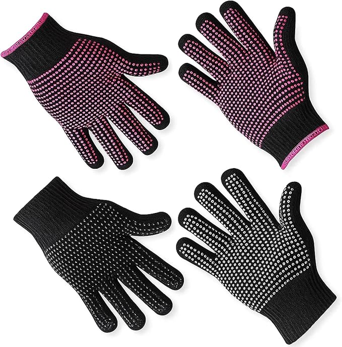 Heat Resistant Gloves for Hair Styling, 2 Pairs Black and Rose Pink, Curling Iron Gloves, Heat Protective Gloves for Hair Stylists, Salon Professionals, Home Use ﻿