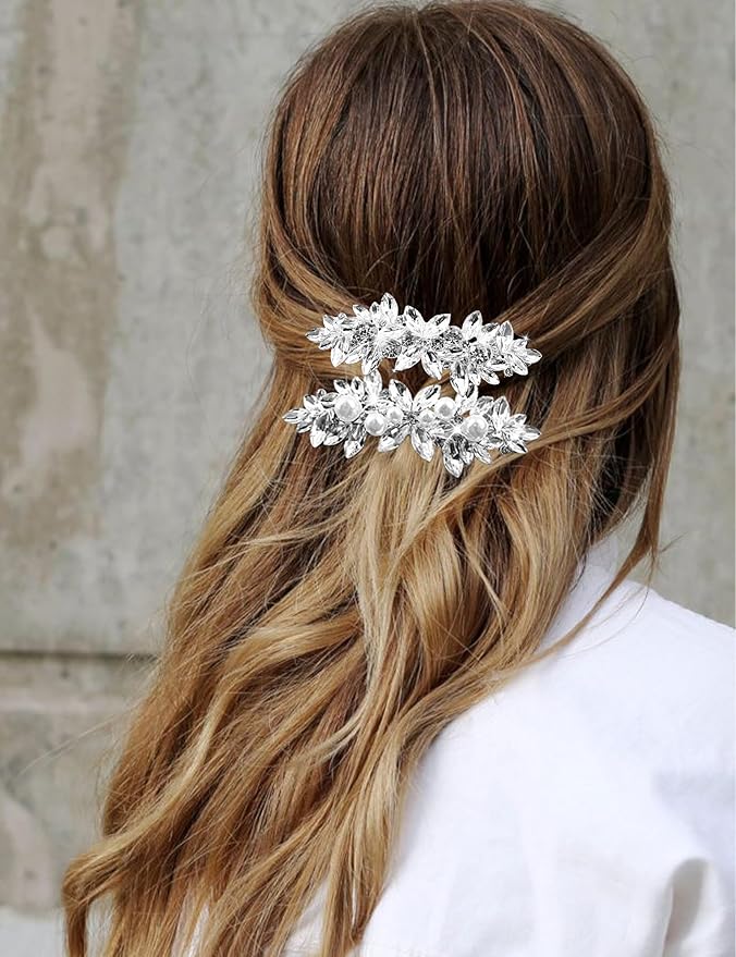 4pcs Rhinestone Pearl Wedding Hair Clips Silver New Bride Bridesmaid Spring Clips French Hairpins Elegant Floral Stylish Accessories Gift for Women Girls