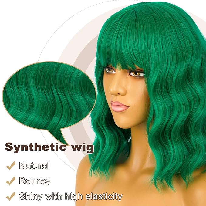 Short Bob Wigs with Bangs for Women Loose Wavy Wig Curly Wavy Shoulder Length Bob Synthetic Cosplay Wig for Girl Colorful Costume Wigs (Green)