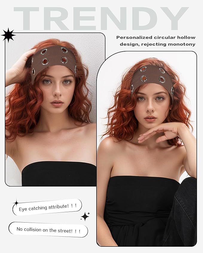 Grommet Headband for Women, Plus Brown 23cm Hollow Out Elastic Hair Band, Eyelets Punk Grunge Stylish Hairband