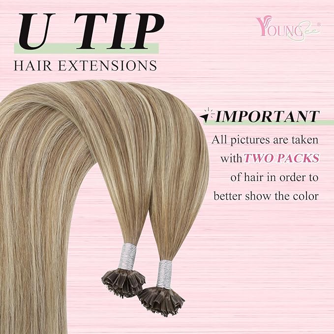 YoungSee Utip Hair Extensions Human Hair Balayage Light Brown Ombre Platinum Blonde U Tip Keratin Hair Extensions for Natural Looking Ktips Extension Real Human Hair Ombre Silky Straight 16In 1G/S 50G