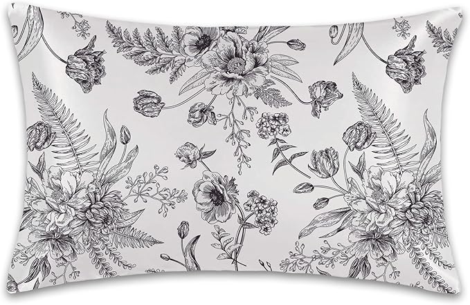 Satin Pillowcase 1 Pack-Black and White Peony Tulips Vintage Floral Silky Pillow Cover for Hair and Skin,Standard Size 20x26 Inch Soft Cooling Printed Pillow Cases with Hidden Zipper