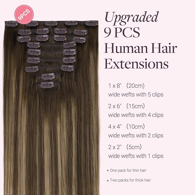GOO GOO Clip in Hair Extensions Real Human Hair, Remy Human Hair Extensions Clip ins for Women, Natural Human Hair, 22inch 150g 9Pcs, 4/27/4 Balayage Chocolate Brown to Caramel Blonde