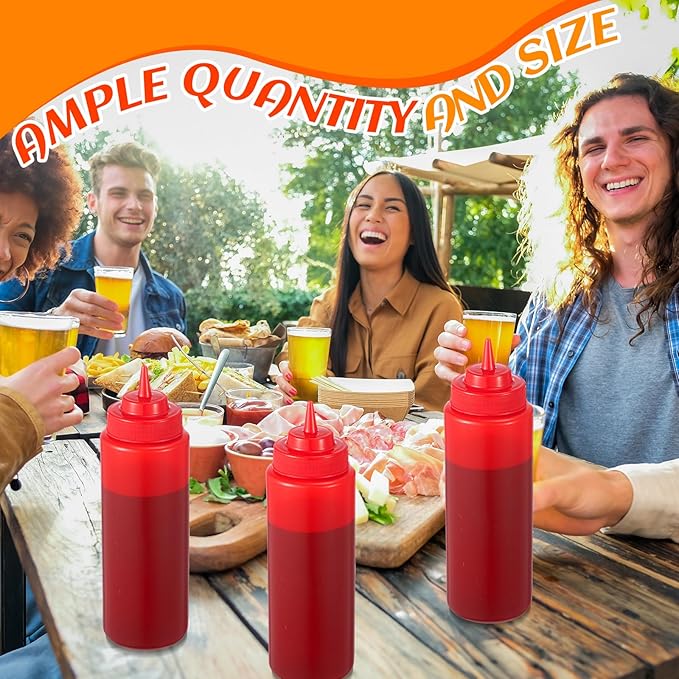 16 Pcs 32 oz Squeeze Bottle Large Plastic Wide Mouth Squeeze Bottles for Condiment Sauces Chocolate Ketchup Mustard BBQ Grill Restaurant (Red)