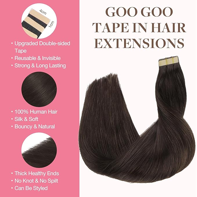 GOO GOO Tape in Hair Extensions Human Hair, 2A Light Brown, 26inch 60g 20pcs, Skin Weft Seamless Invisible, Silky Straight with Thick Ends, Remy Human Hair