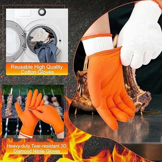 BBQ Gloves for Grilling Disposable Heat Resistant - 100 Nitrile Gloves + 4 Reusable Cotton Liners for Cooking Smoker -Orange Large